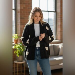 Anthropologie Duchamp 3D bow open front black knit cardigan